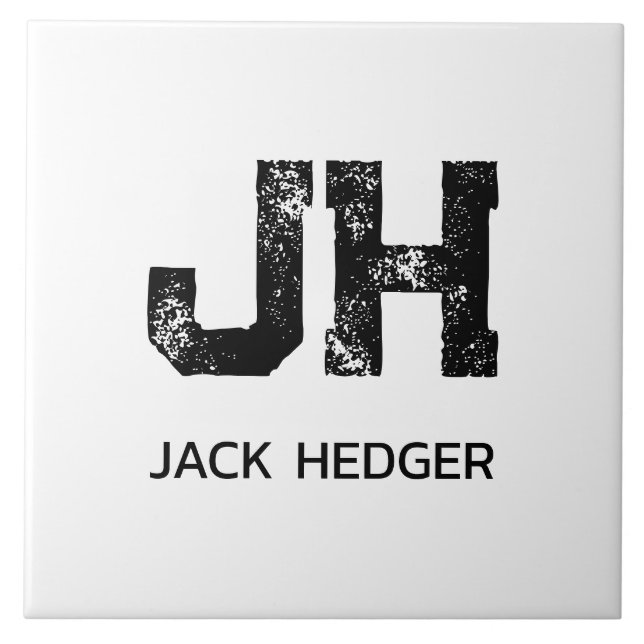 MINIMALIST BLACK TWO LETTER MONOGRAM NAME WHITE CERAMIC TILE (Front)