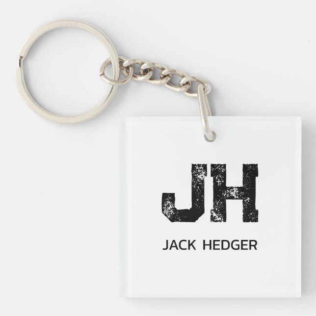 MINIMALIST BLACK TWO LETTER MONOGRAM NAME WHITE KEY RING (Front)