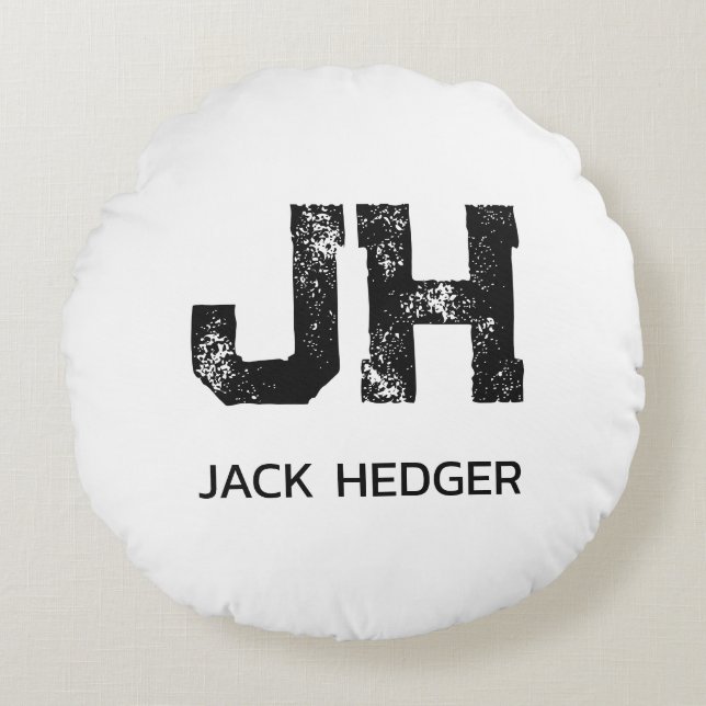 MINIMALIST BLACK TWO LETTER MONOGRAM NAME WHITE ROUND CUSHION (Front)