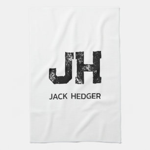 MINIMALIST BLACK TWO LETTER MONOGRAM NAME WHITE TEA TOWEL