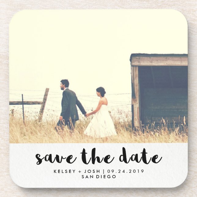 Minimalist Black Typography Photo Save the Date Coaster (Front)