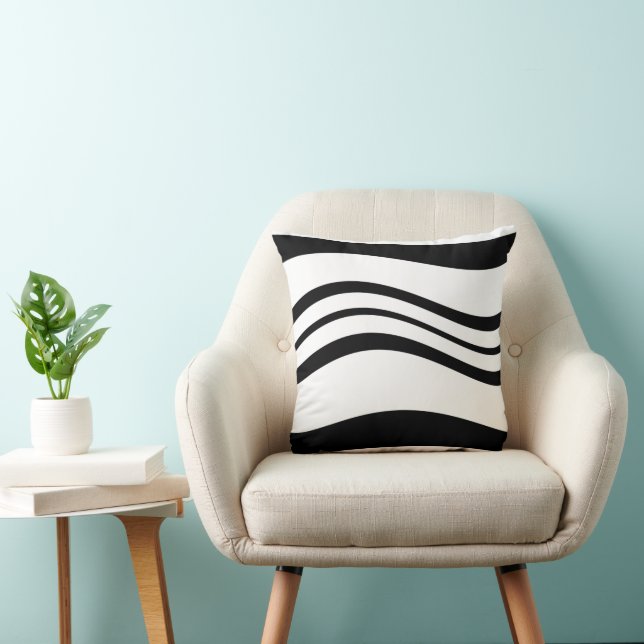 Minimalist Black Wavy Line Pattern White Cushion (Chair)