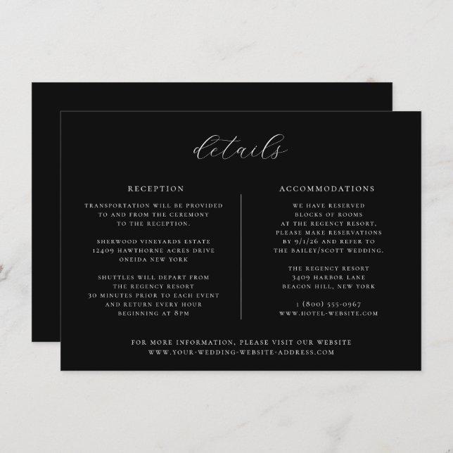 Minimalist Black Wedding Details Card (Front/Back)