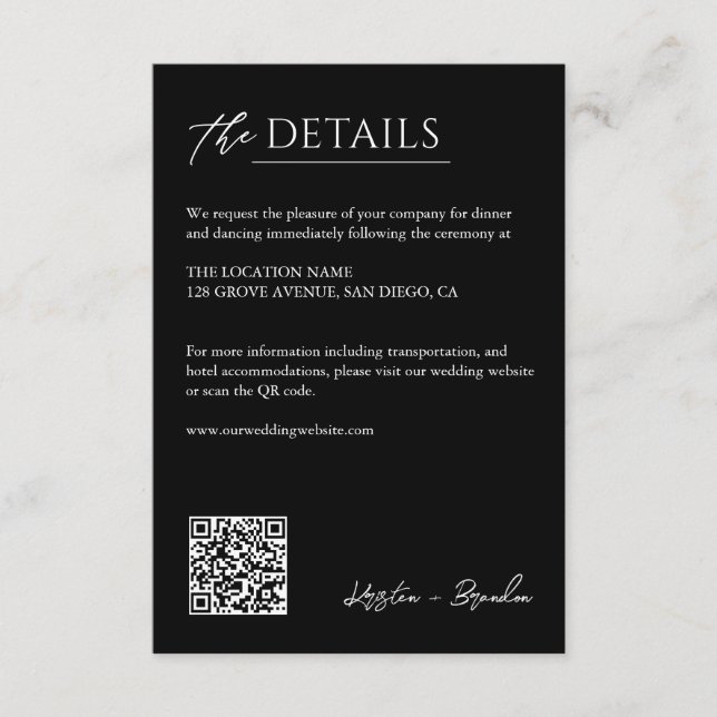 Minimalist Black Wedding Details QR Code Info Enclosure Card (Front)
