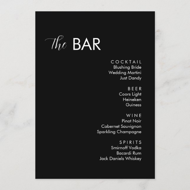 Minimalist Black Wedding Drinks Bar Menu (Front)