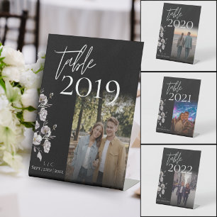 Minimalist black wedding photo table number pedestal sign