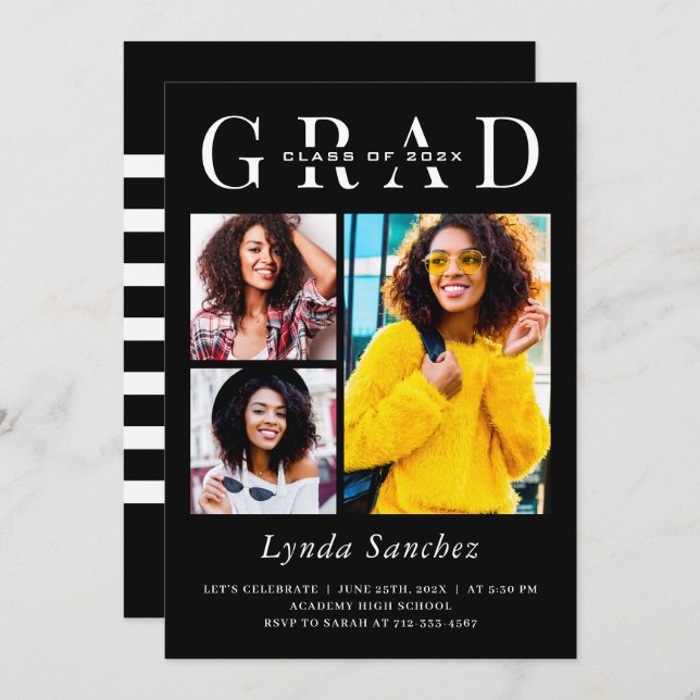 Minimalist Black White 3 Photo Graduation Invitation (Front/Back)