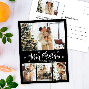 Minimalist Black White 4 Photo Collage Christmas  Postcard