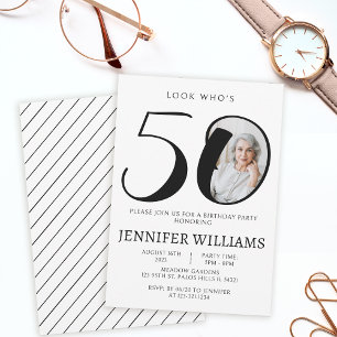 Minimalist black white 50th birthday photo invitation