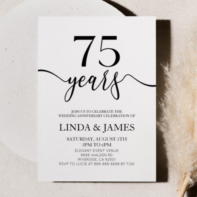 Minimalist Black White 75th Wedding Anniversary Invitation (Creator Uploaded)