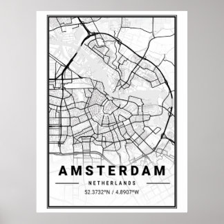 Minimalist Black & White Amsterdam City Map Poster