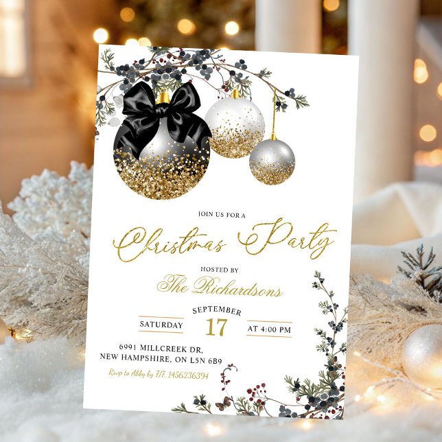 Minimalist Black White and Gold Christmas Party Invitation (Creator Uploaded)