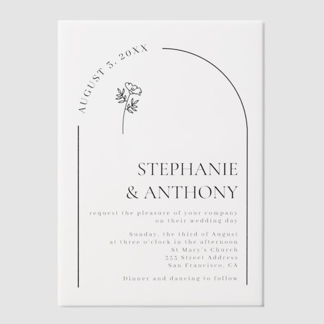 Minimalist Black & White Arch Wildflower Wedding  Vellum Invitations (Front)
