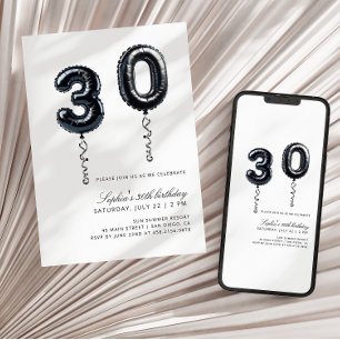 Minimalist Black & White Balloons 30th Birthday Invitation