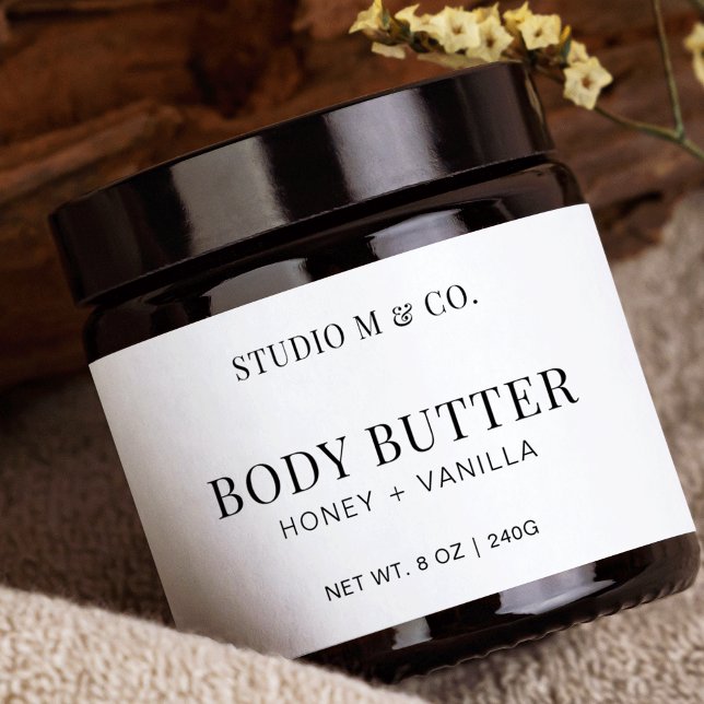 Minimalist Black & White Body Butter Product Label (Simple cosmetic jar label design with space for your product name, ingredients & directions)