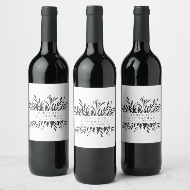 Minimalist Black White Botanical Custom Wedding  Wine Label (Bottles)
