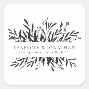 Minimalist Black White Botanical Wedding Favour Square Sticker