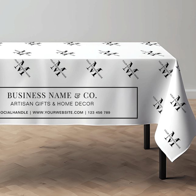 Minimalist Black & White Business Logo Craft Show Tablecloth (Fully customizable tablecloth with space for your initials & business name, perfect for trade shows)