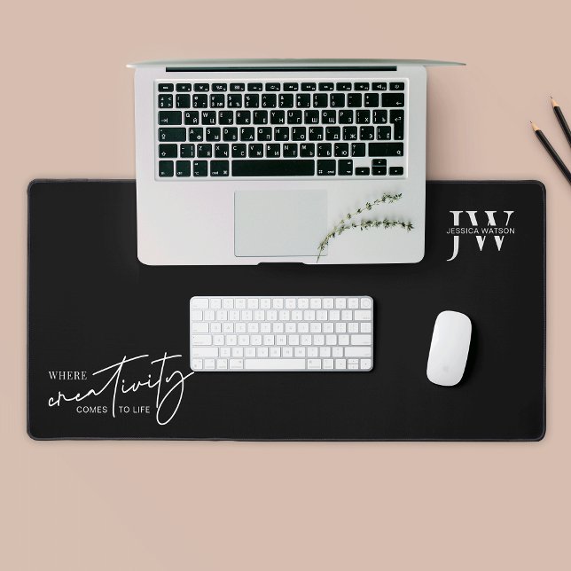 Minimalist Black & White Business Monogram Quote Desk Mat (Minimalist branded desk mat in black and white with space for your logo or name)