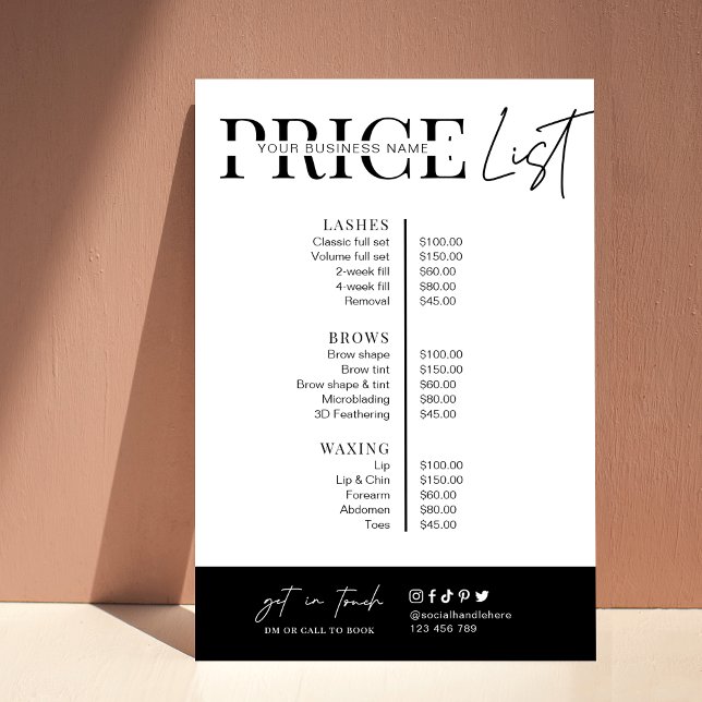 Minimalist Black & White Business Price List Poster (Minimalist price list poster, featuring trendy script fonts, simple layout and editable colors)