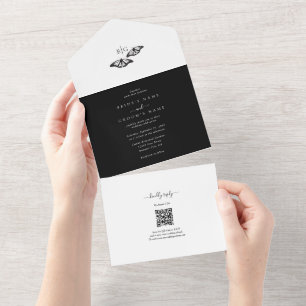 Minimalist Black White Butterfly Monogram Wedding All In One Invitation