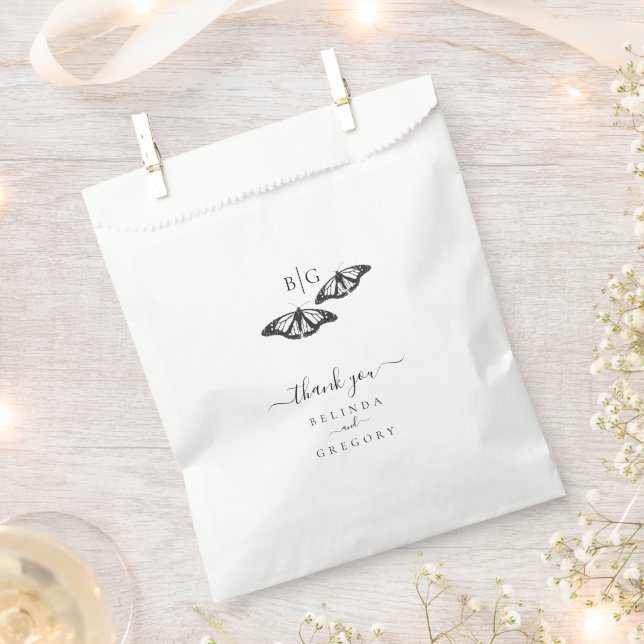 Minimalist Black White Butterfly Monogram Wedding Favour Bag (Clipped)