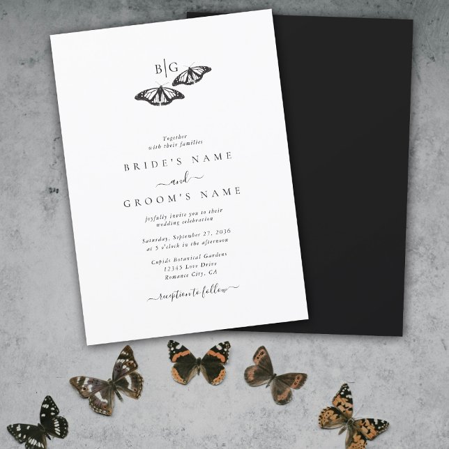 Minimalist Black White Butterfly Monogram Wedding Invitation (Minimalist Black White Butterfly Monogram Wedding Invitation)