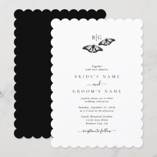 Minimalist Black White Butterfly Monogram Wedding Invitation