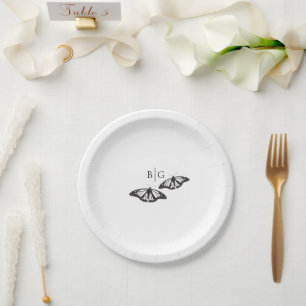 Minimalist Black White Butterfly Monogram Wedding Paper Plate