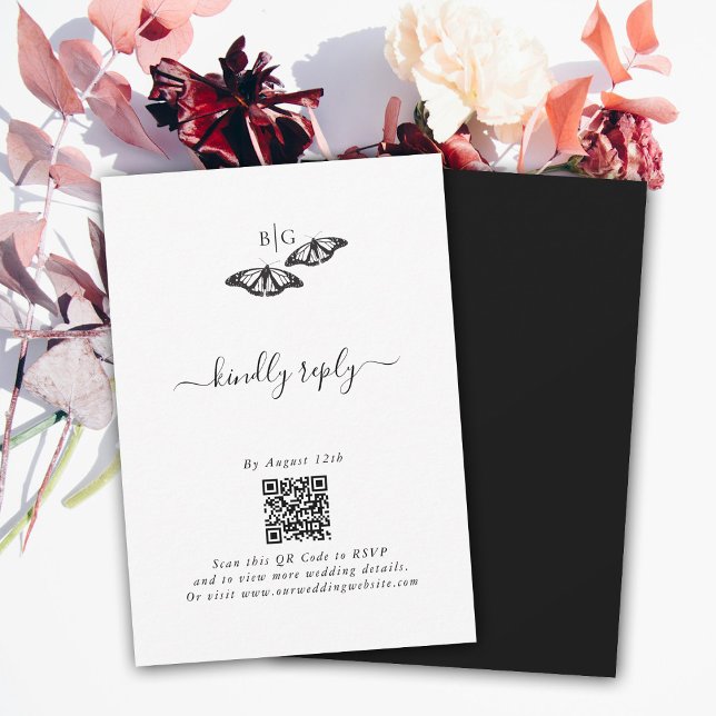 Minimalist Black White Butterfly Monogram Wedding RSVP Card (Minimalist Black White Butterfly Monogram Wedding RSVP Card)
