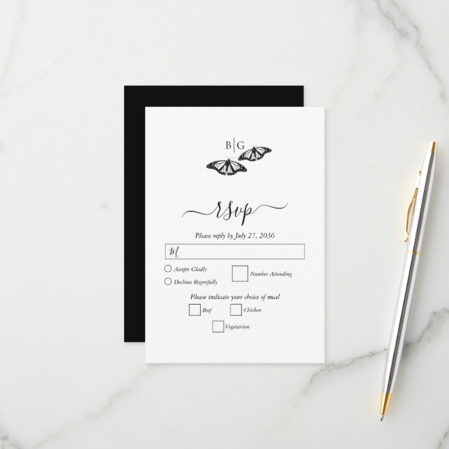 Minimalist Black White Butterfly Monogram Wedding RSVP Card (Front/Back In Situ)