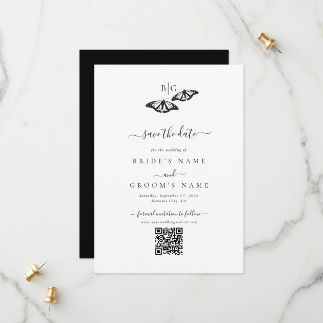 Minimalist Black White Butterfly Monogram Wedding Save The Date (Front/Back In Situ)