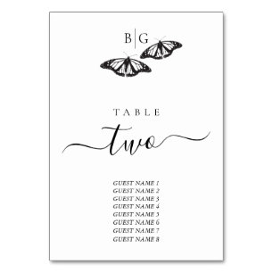 Minimalist Black White Butterfly Monogram Wedding Table Number
