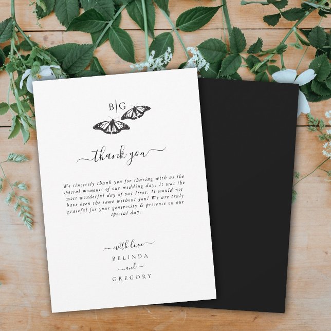 Minimalist Black White Butterfly Monogram Wedding Thank You Card (Minimalist Black White Butterfly Monogram Wedding Thank You Card)