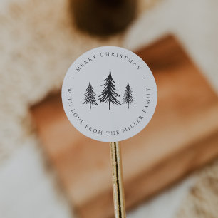 Minimalist Black & White Christmas Pine Tree Classic Round Sticker