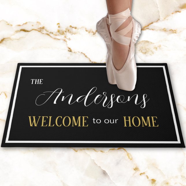 Minimalist Black White Elegant Script Family Name Doormat (Modern Black White Gold Elegant Script Doormat)