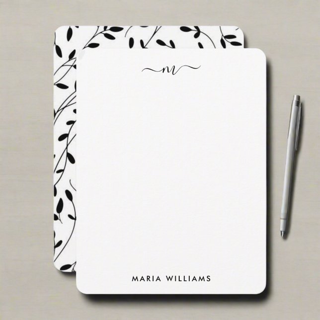 Minimalist Black White Floral Branch Monogrammed Card (Creator Uploaded)