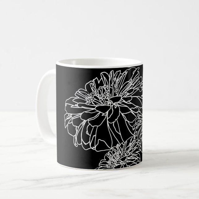 Minimalist black white floral line drawing  coffee mug (Front Left)