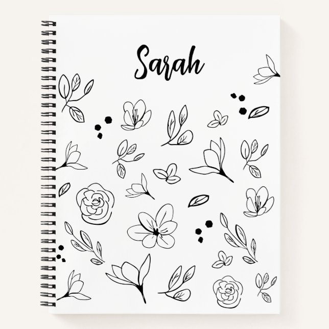Minimalist black white floral simple Personalised Notebook (Front)