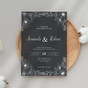 Minimalist Black & White Floral Wedding Invitation