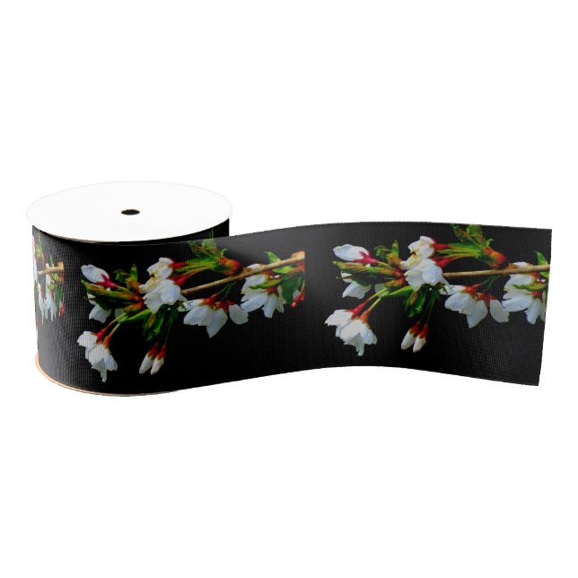 Minimalist Black White flowering Cherry Blossom Grosgrain Ribbon (Spool)