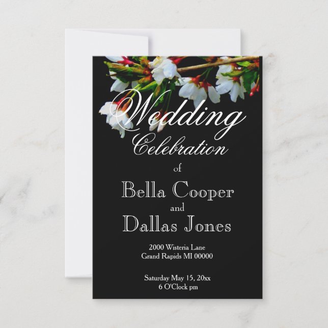 Minimalist Black White flowering Cherry Blossom Invitation (Front)