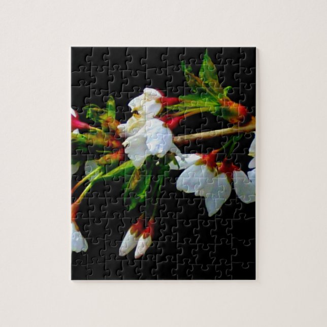 Minimalist Black White flowering Cherry Blossom Jigsaw Puzzle (Vertical)