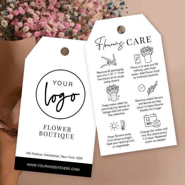 Minimalist Black White Flowers Care Guide Hang Tag (Minimalist black and white flowers hang tags with care instructions and your logo)