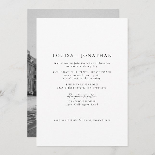Minimalist Black White Formal Script Photo Wedding Invitation (Front/Back)