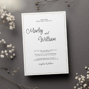 Minimalist black white gold dashed line Wedding Invitation