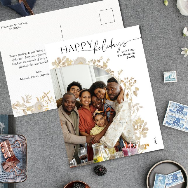 Minimalist Black White Gold Floral Photo  Holiday Postcard (Creator Uploaded)