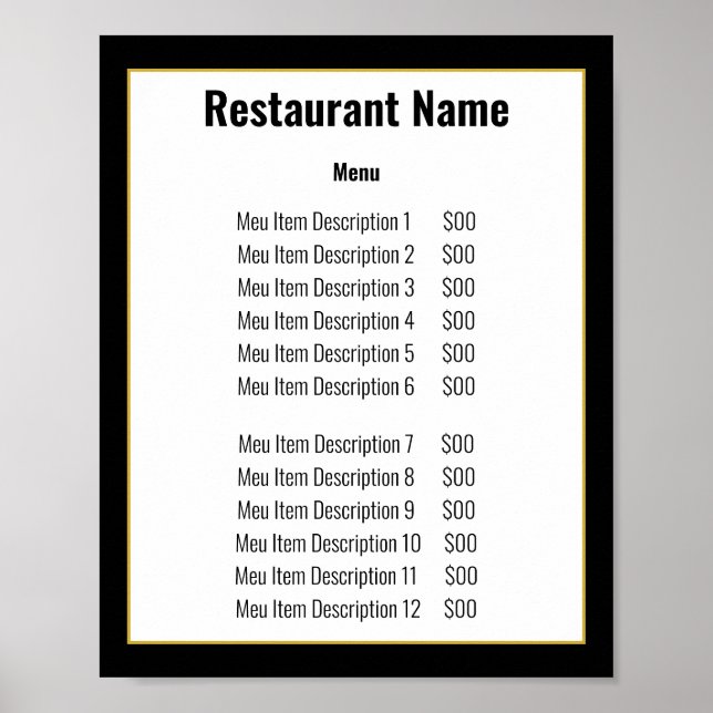 Minimalist Black White Gold Template Menu Poster (Front)