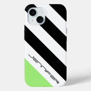 Minimalist Black, White, Green Stripe, Name iPhone 15 Case
