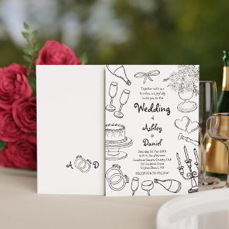 Minimalist Black & White Hand Drawn Doodle Wedding Invitation